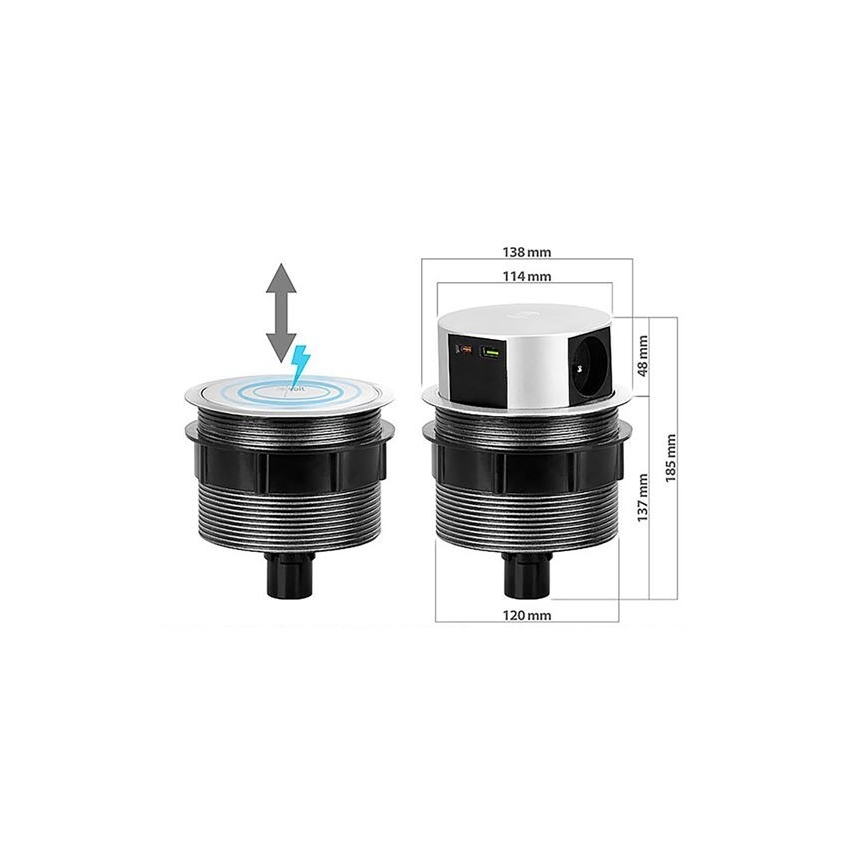 Columna de enchufe para mesa 3x230V + 2xUSB + cargador inalámbrico