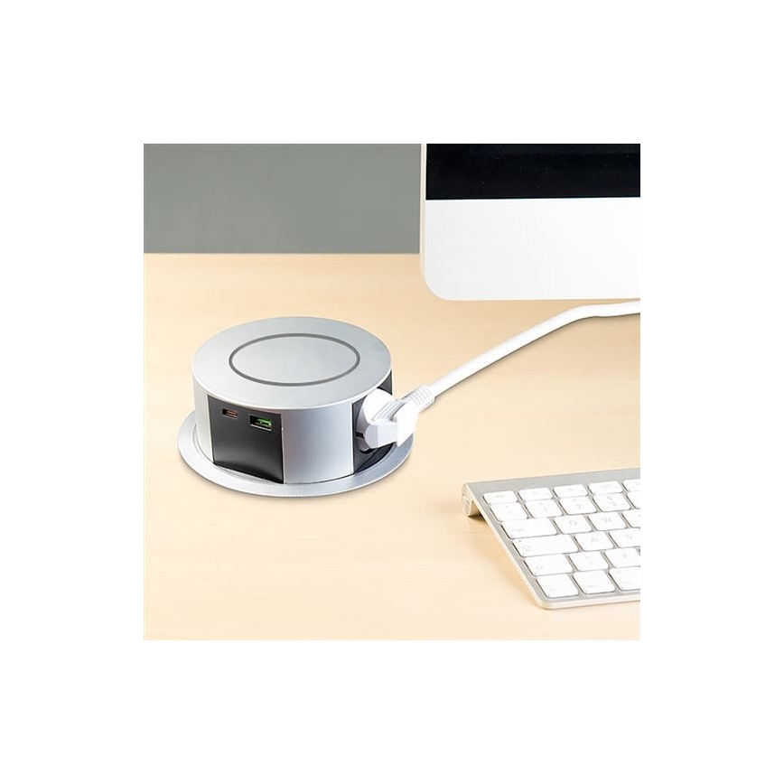 Regleta de enchufes para la mesa con cargador inalámbrico 2x230V + 2xUSB