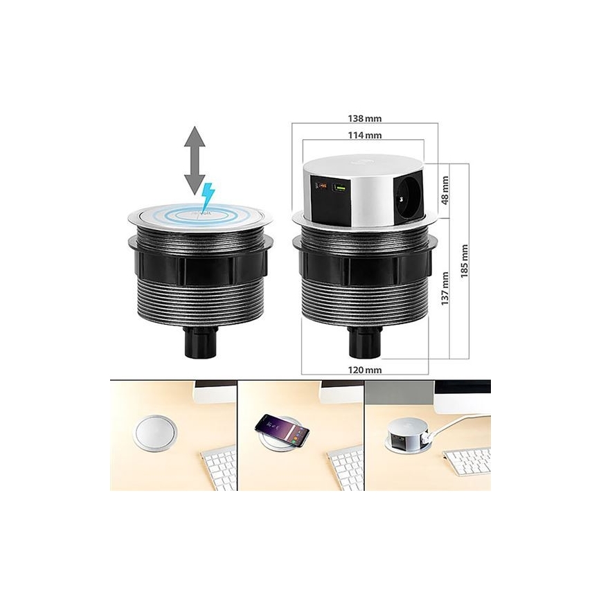Regleta de enchufes para la mesa con cargador inalámbrico 2x230V + 2xUSB