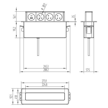 Columna de enchufes para mesa 3x230V + USB-A + USB-C