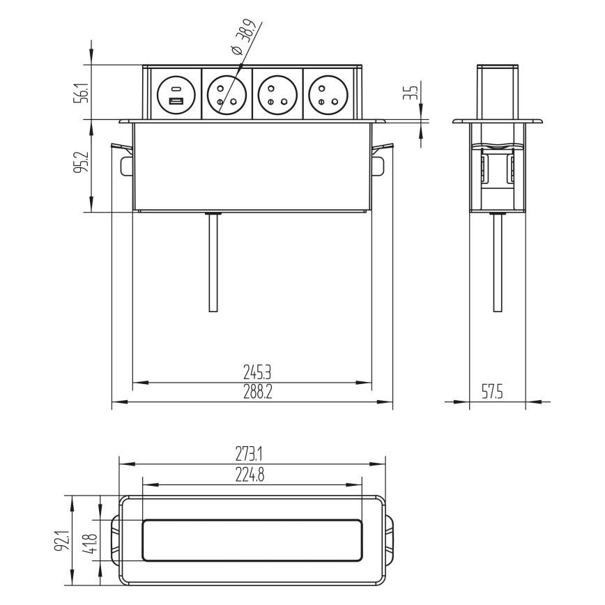 Columna de enchufes para mesa 3x230V + USB-A + USB-C