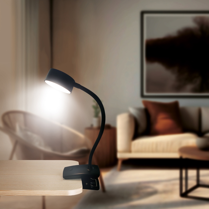 Lámpara de mesa LED regulable, flexible y recargable con clip LED/2W/1800 mAh 3000/4000/6500K negro
