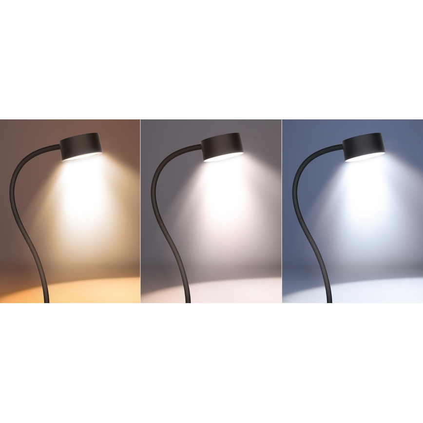 Lámpara de mesa LED regulable, flexible y recargable con clip LED/2W/1800 mAh 3000/4000/6500K negro