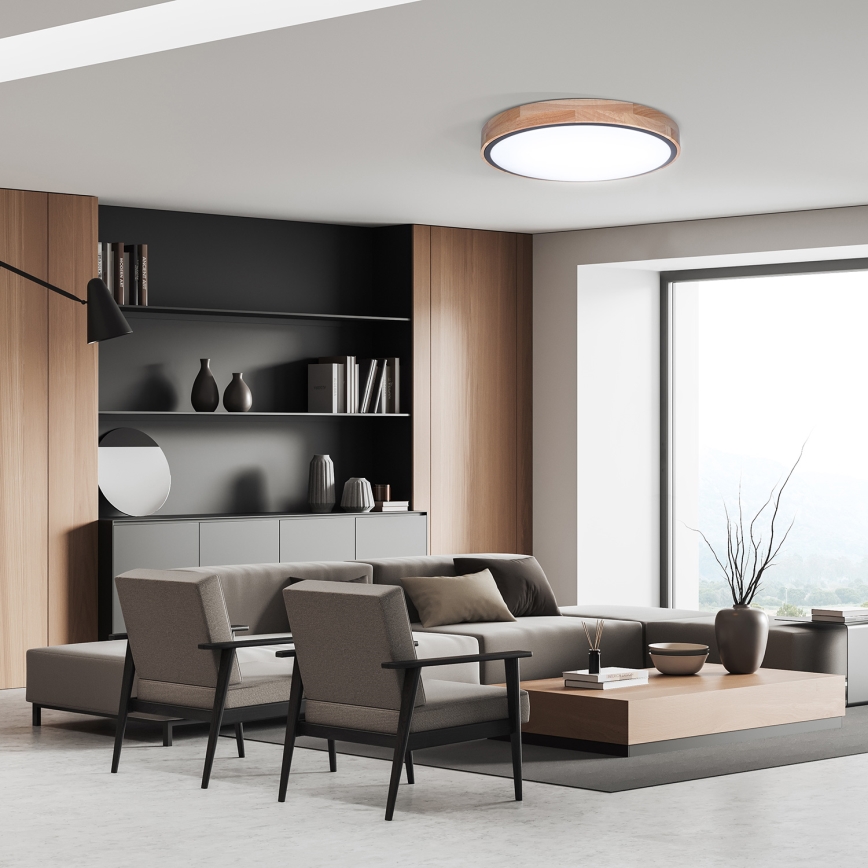Plafón LED regulable IRON OAK LED/48W/230V 3000-6500K roble diá. 40 cm + control remoto