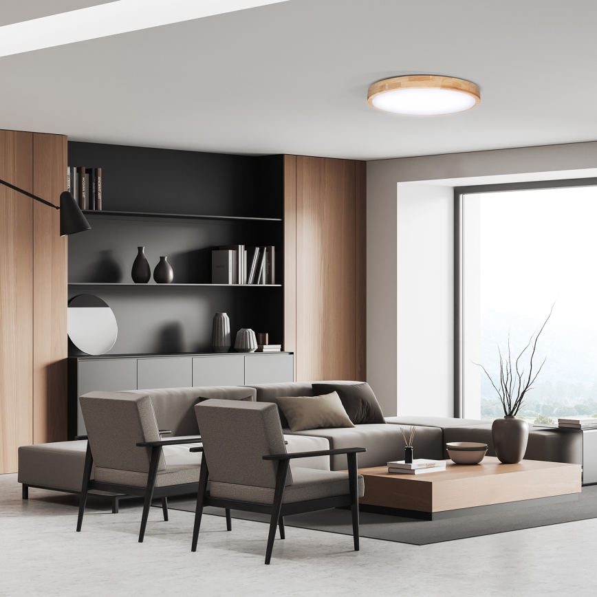 Plafón LED regulable SOLID OAK LED/48W/230V 3000-6500K roble diá. 39 cm + control remoto
