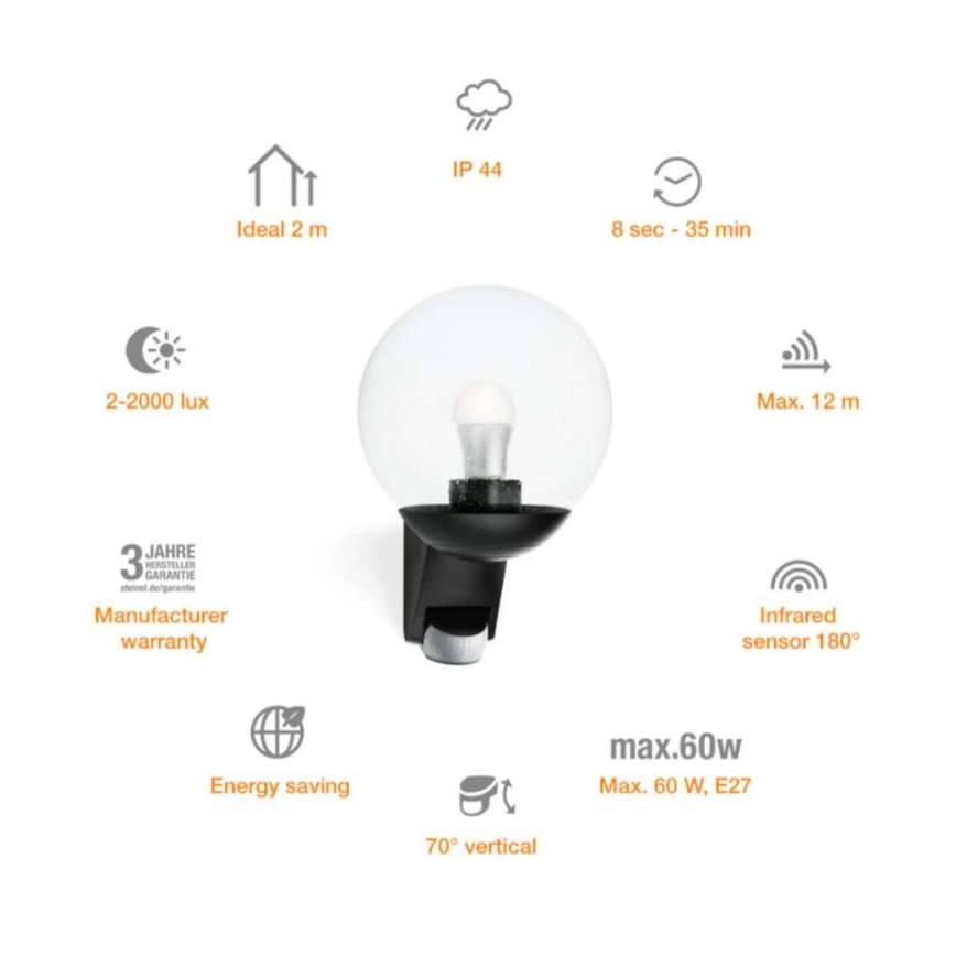 STEINEL 005535- Aplique de exterior con sensor L585S 1xE27/60W negro IP44