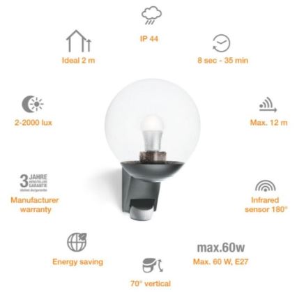 Steinel 035723 - Aplique exterior con sensor L585S 1xE27/60W/230V