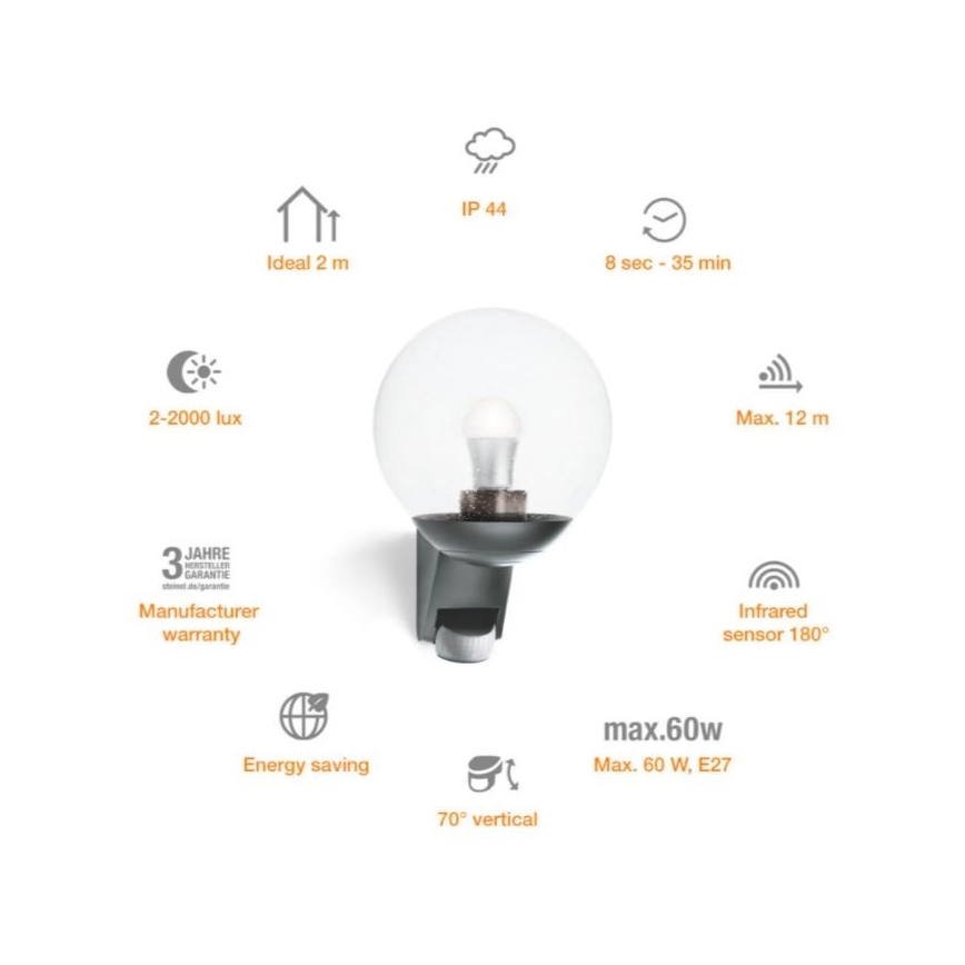 Steinel 035723 - Aplique exterior con sensor L585S 1xE27/60W/230V