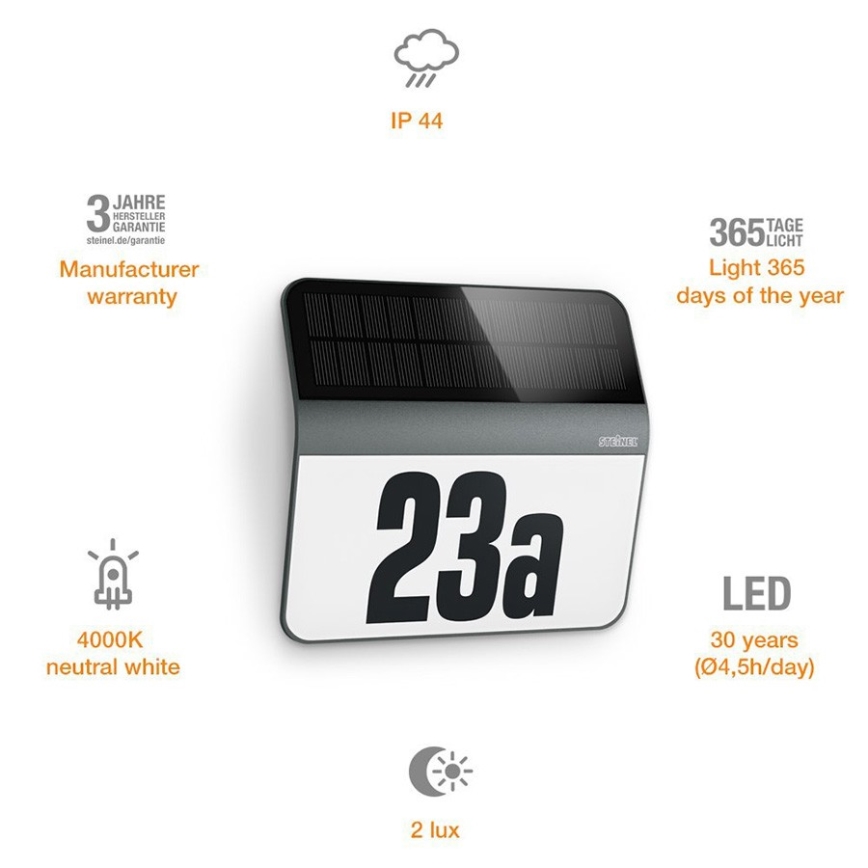 STEINEL 035730 - Número de casa LED solar XSolar LH-N LED/0,03W IP44 2500 mAh