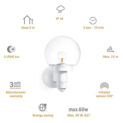 Steinel 657413 - Lámpara de pared con sensor para exteriores L 115 S 1xE27/60W/230V IP44