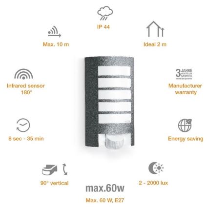 STEINEL 657819 - Lámpara de exterior con sensor L12 1xE27/60W/230V IP44