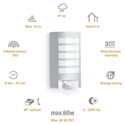Steinel 657918 - Lámpara de exterior con sensor L12S 1xE27/60W/230V IP44