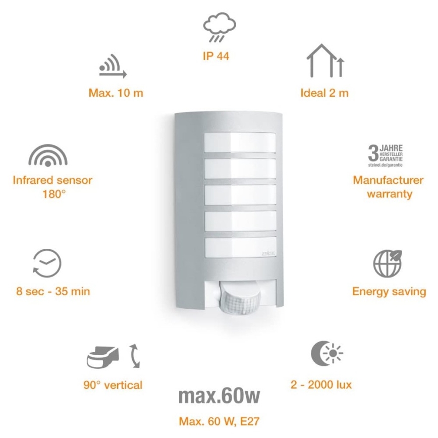 Steinel 657918 - Lámpara de exterior con sensor L12S 1xE27/60W/230V IP44