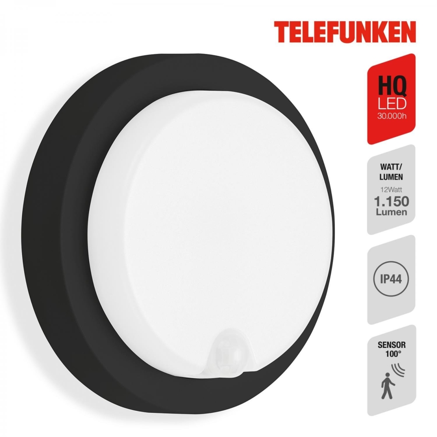 Telefunken 315305TF - Aplique LED de exterior con sensor LED/12W/230V IP44 negro