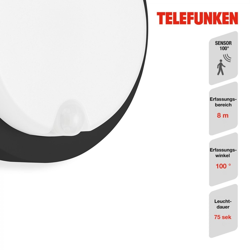 Telefunken 315305TF - Aplique LED de exterior con sensor LED/12W/230V IP44 negro