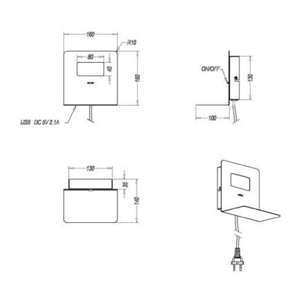 Trio - Aplique LED con estante ALOFT LED/3W/230V + puerto USB