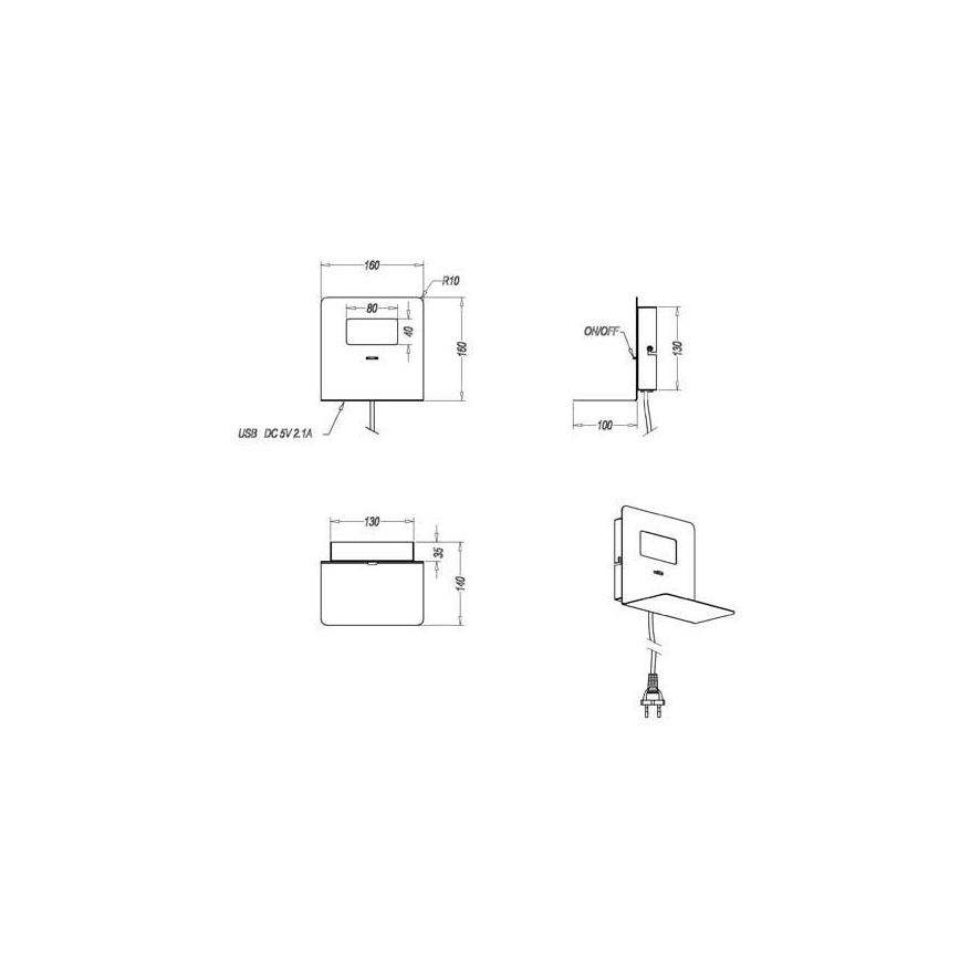 Trio - Aplique LED con estante ALOFT LED/3W/230V + puerto USB