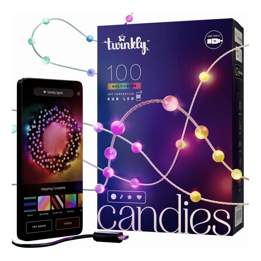 Twinkly - LED RGB Regulable Cinta de Navidad CANDIES 100xLED 8 m USB Wi-Fi
