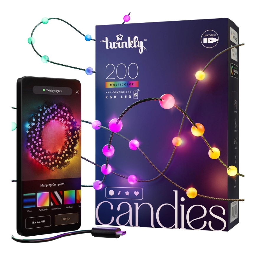 Twinkly - LED RGB Regulable Cinta de Navidad CANDIES 200xLED 14 m USB Wi-Fi