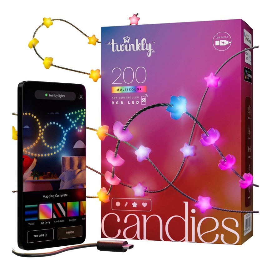 Twinkly - LED RGB Regulable Cinta de Navidad CANDIES 200xLED 14 m USB Wi-Fi