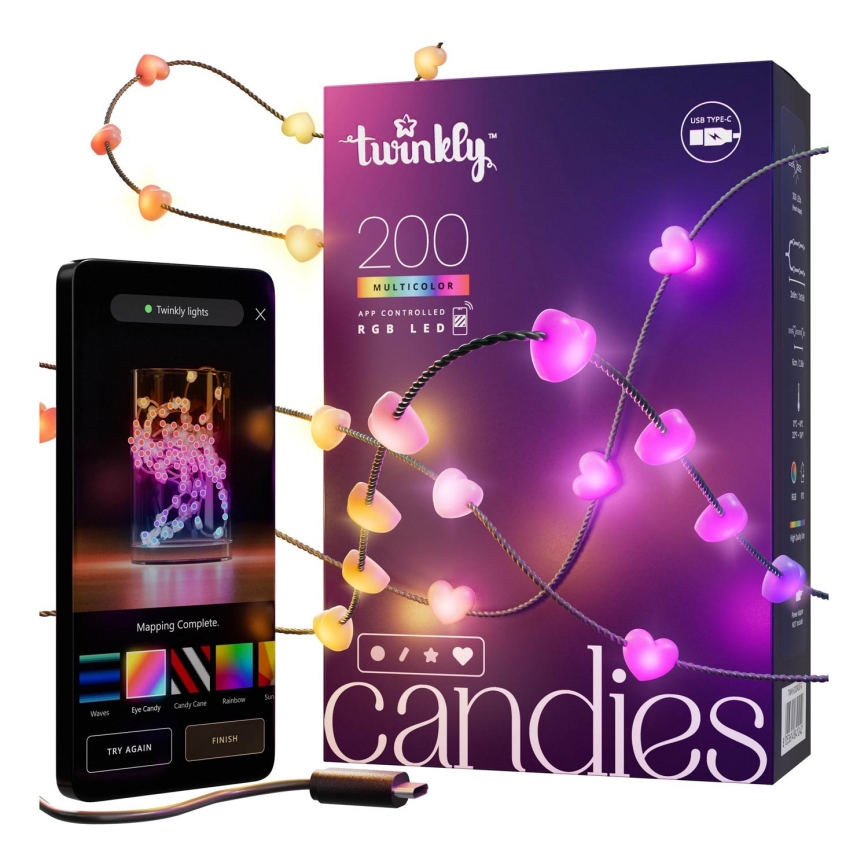 Twinkly - LED RGB Regulable Cinta de Navidad CANDIES 200xLED 14 m USB Wi-Fi