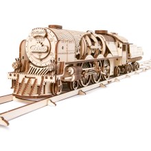 Ugears - Puzzle mecánico de madera 3D Locomotora de vapor V-Express con ténder
