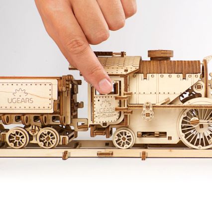 Ugears - Puzzle mecánico de madera 3D Locomotora de vapor V-Express con ténder