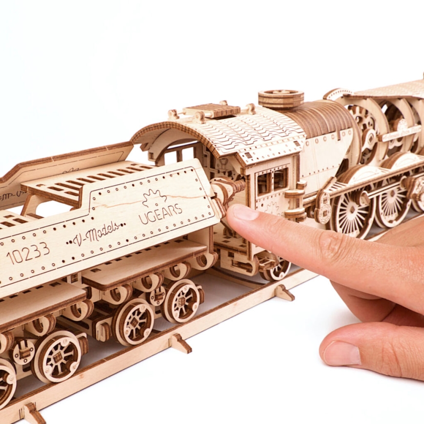 Ugears - Puzzle mecánico de madera 3D Locomotora de vapor V-Express con ténder