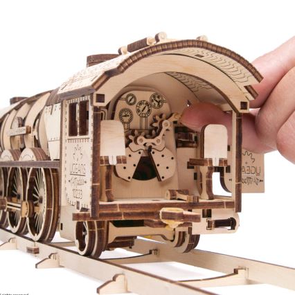 Ugears - Puzzle mecánico de madera 3D Locomotora de vapor V-Express con ténder