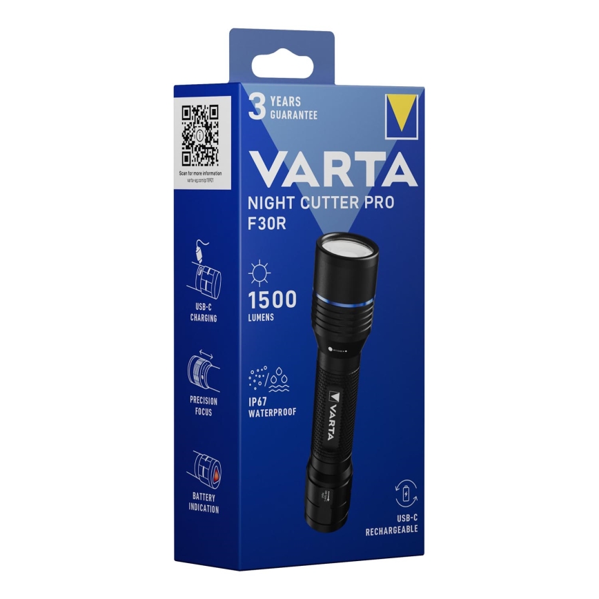 Varta 18921101111 - Linterna recargable LED NIGHT CUTTER PRO F30R LED/USB IP67