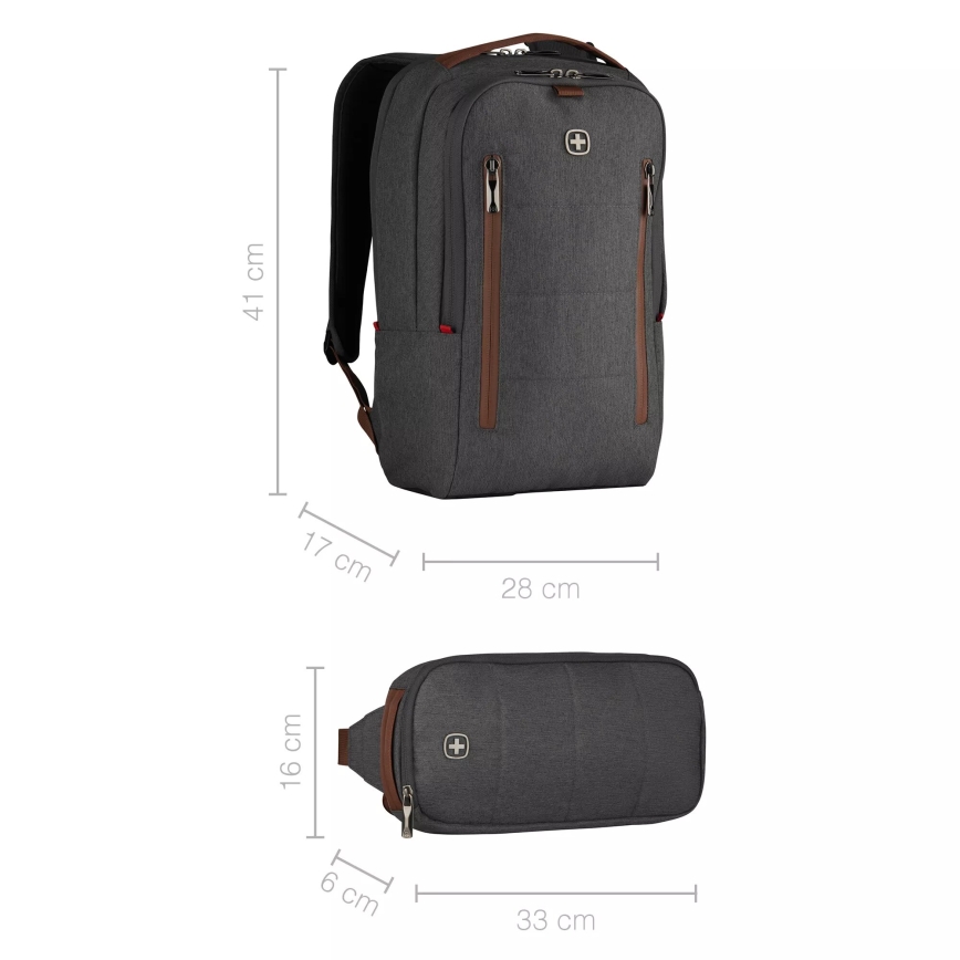 Wenger - Mochila para portátil 15 l 16" con bolsillo para tableta 12" + crossbody bag ciudad Upgrade 2en1 gris