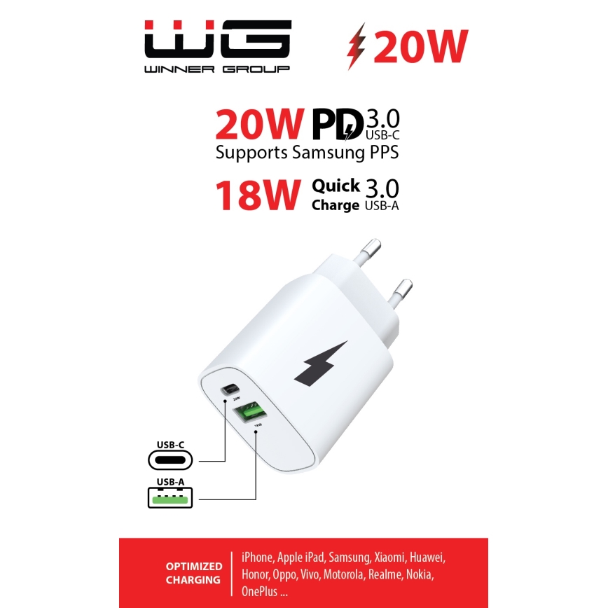 Winner Group - Adaptador de carga rápida 1xUSB-C + 1xUSB-A Power Delivery 20W blanco