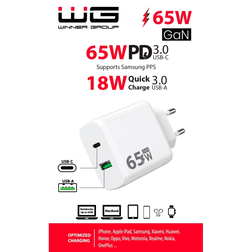 Winner Group - Adaptador de carga rápida 1xUSB-C + 1xUSB-A Power Delivery 65W blanco