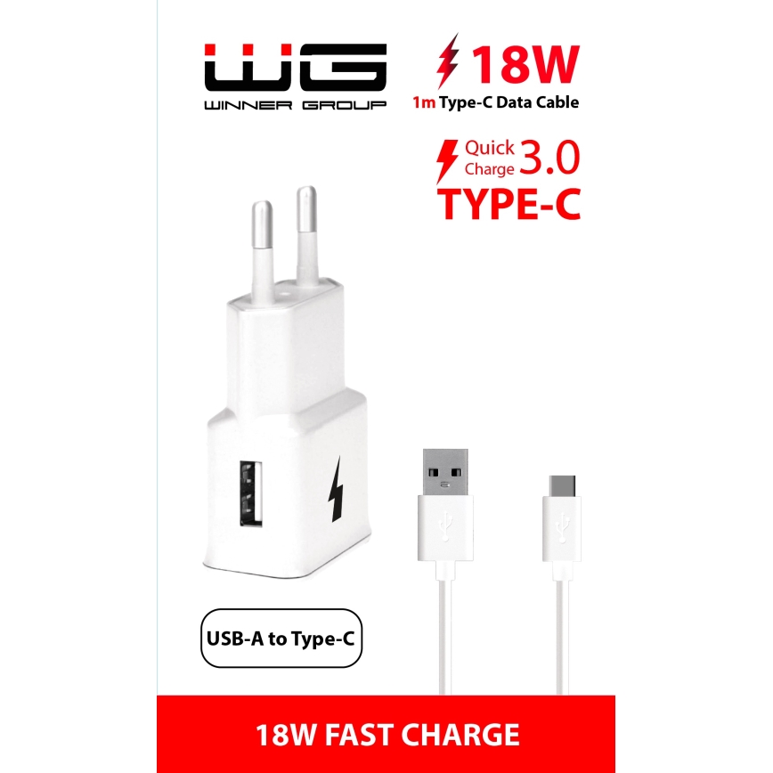 Winner Group- Adaptador para cargador rápido 1xUSB-A PD 18W + Cable USB USB-C / USB-A 1m