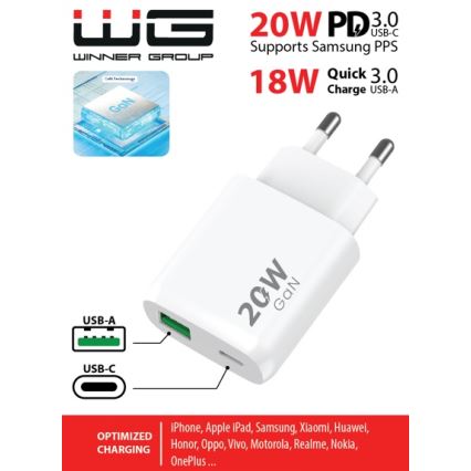 Winner Group - Adaptador para cargador rápido 1xUSB-C + 1xUSB-A Power Delivery 20W blanco