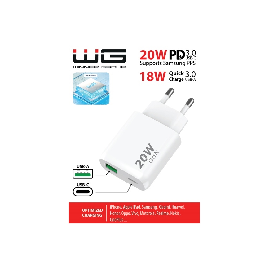 Winner Group - Adaptador para cargador rápido 1xUSB-C + 1xUSB-A Power Delivery 20W blanco