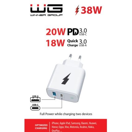 Winner Group - Adaptador para cargador rápido 1xUSB-C + 1xUSB-A Power Delivery 38W blanco