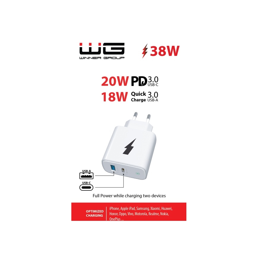 Winner Group - Adaptador para cargador rápido 1xUSB-C + 1xUSB-A Power Delivery 38W blanco