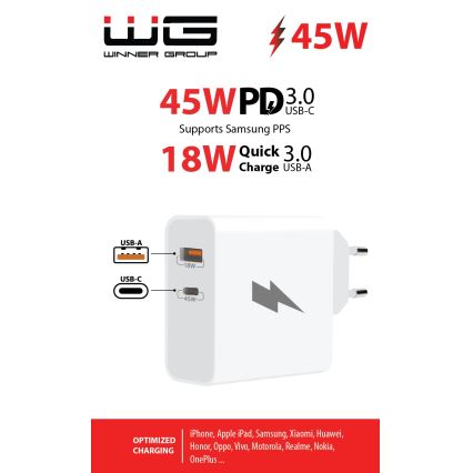 Winner Group - Adaptador para cargador rápido 1xUSB-C + 1xUSB-A Power Delivery 45W blanco