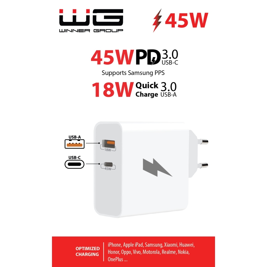 Winner Group - Adaptador para cargador rápido 1xUSB-C + 1xUSB-A Power Delivery 45W blanco