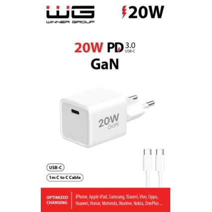 Winner Group- Adaptador para cargador rápido 1xUSB-C PD 20W + Cable USB USB-C / USB-C 1m
