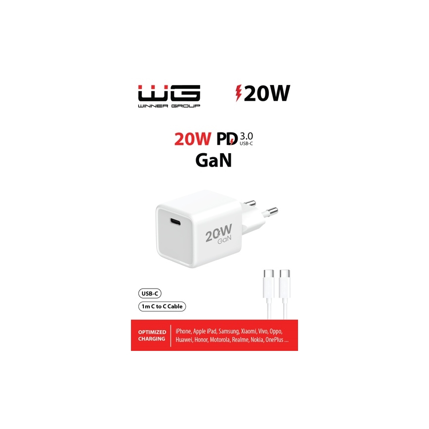 Winner Group- Adaptador para cargador rápido 1xUSB-C PD 20W + Cable USB USB-C / USB-C 1m