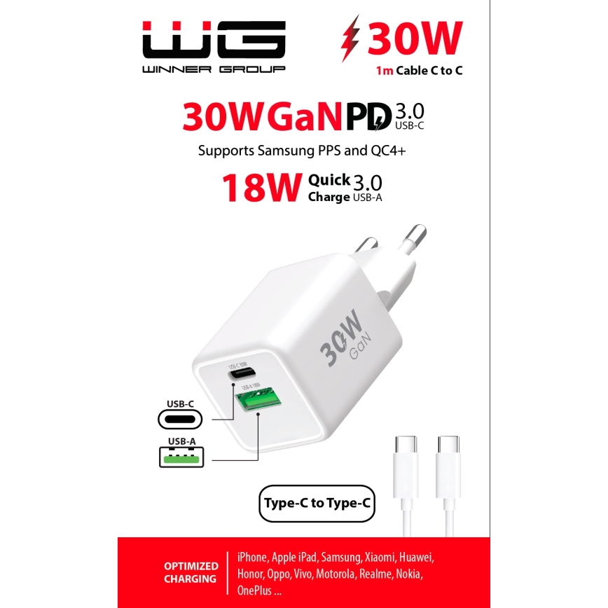 Winner Group - Adaptador para cargador rápido 2xUSB PD 30W + Cable USB USB-C / USB-C 1m