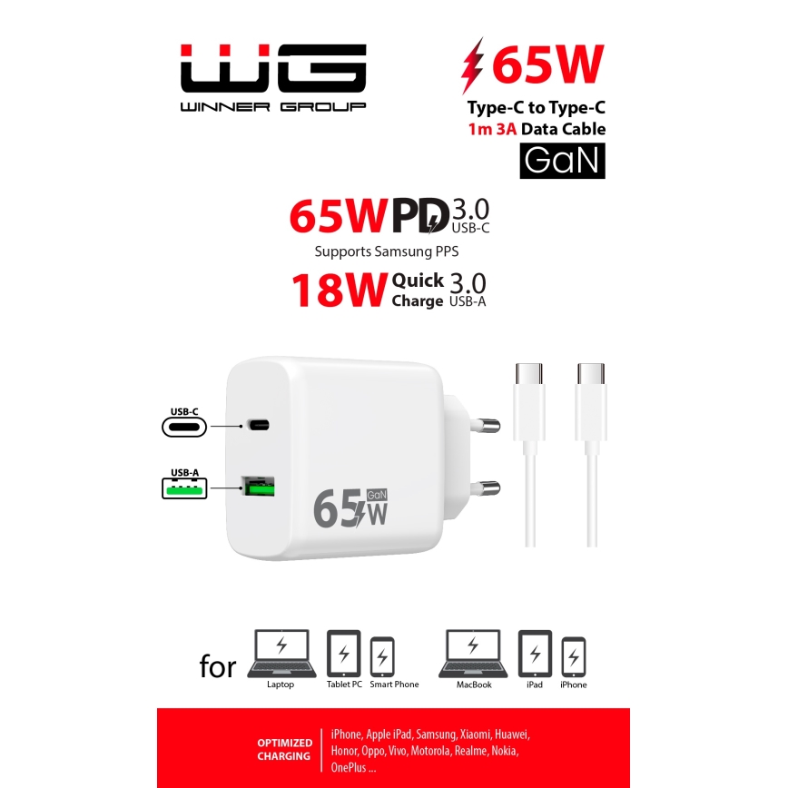 Winner Group - Adaptador para cargador rápido 2xUSB PD 65W + Cable USB USB-C / USB-C 1m
