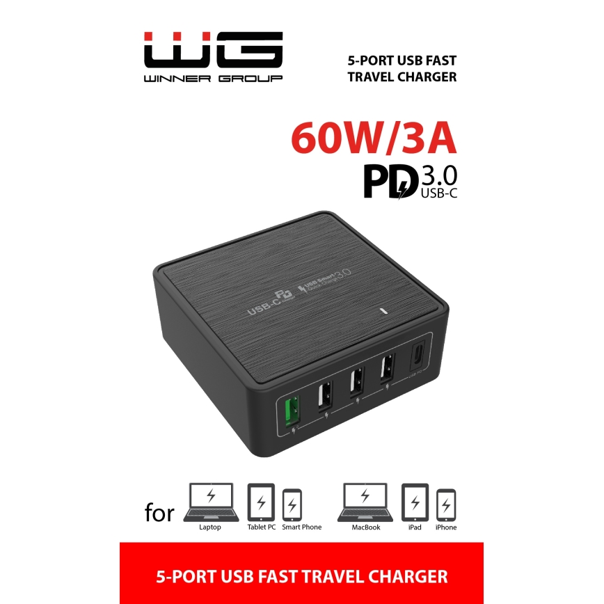 Winner Group - Adaptador para cargador rápido 5xUSB-C Power Delivery 60W negro